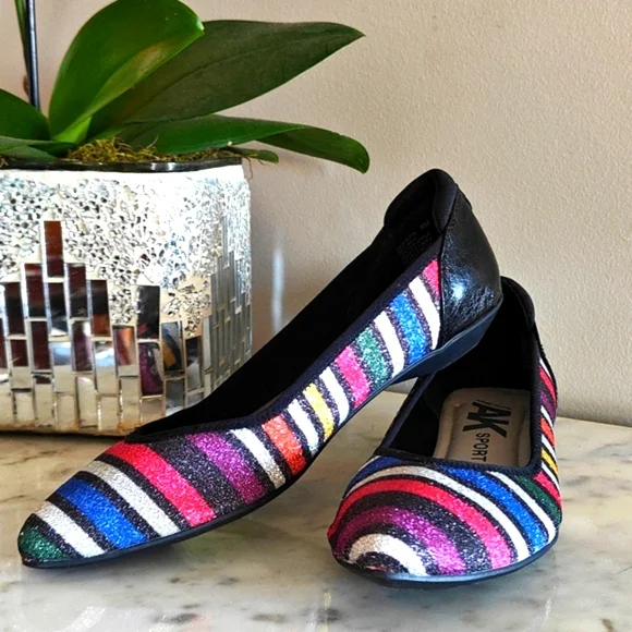 Anne Klein Sport Women's Glitter Multicolor Stripe Flat Shoes | Size 8M (NWT) - Picture 2 of 15